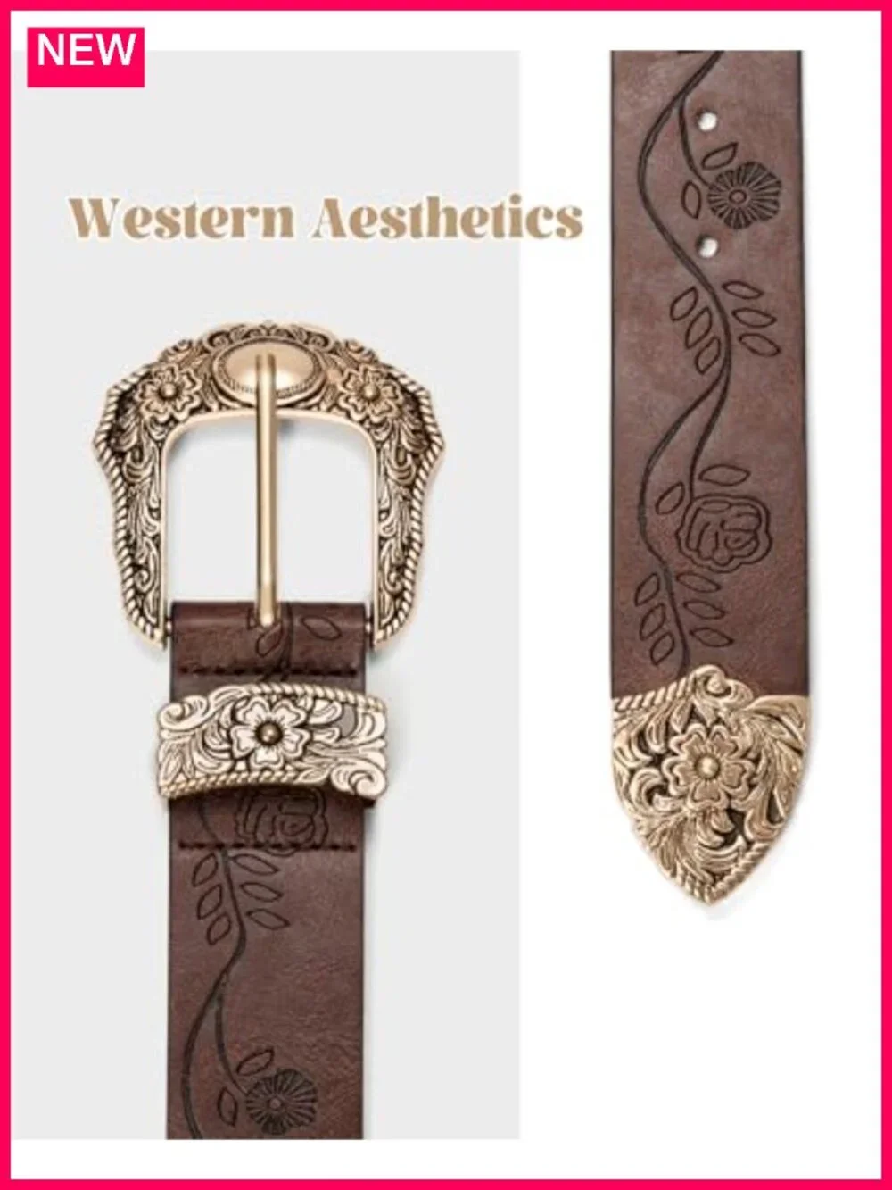Vintage Western Cowgirl Belt, PU Leather, 1.4in Wide, Adjustable, Floral